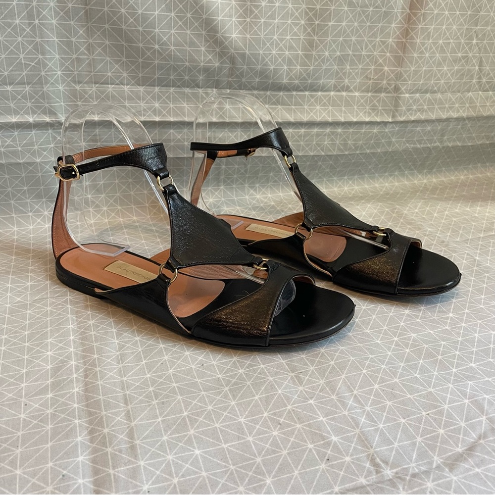 L’Autre Chose Diamond Black Leather Ankle Strap Sandals 36